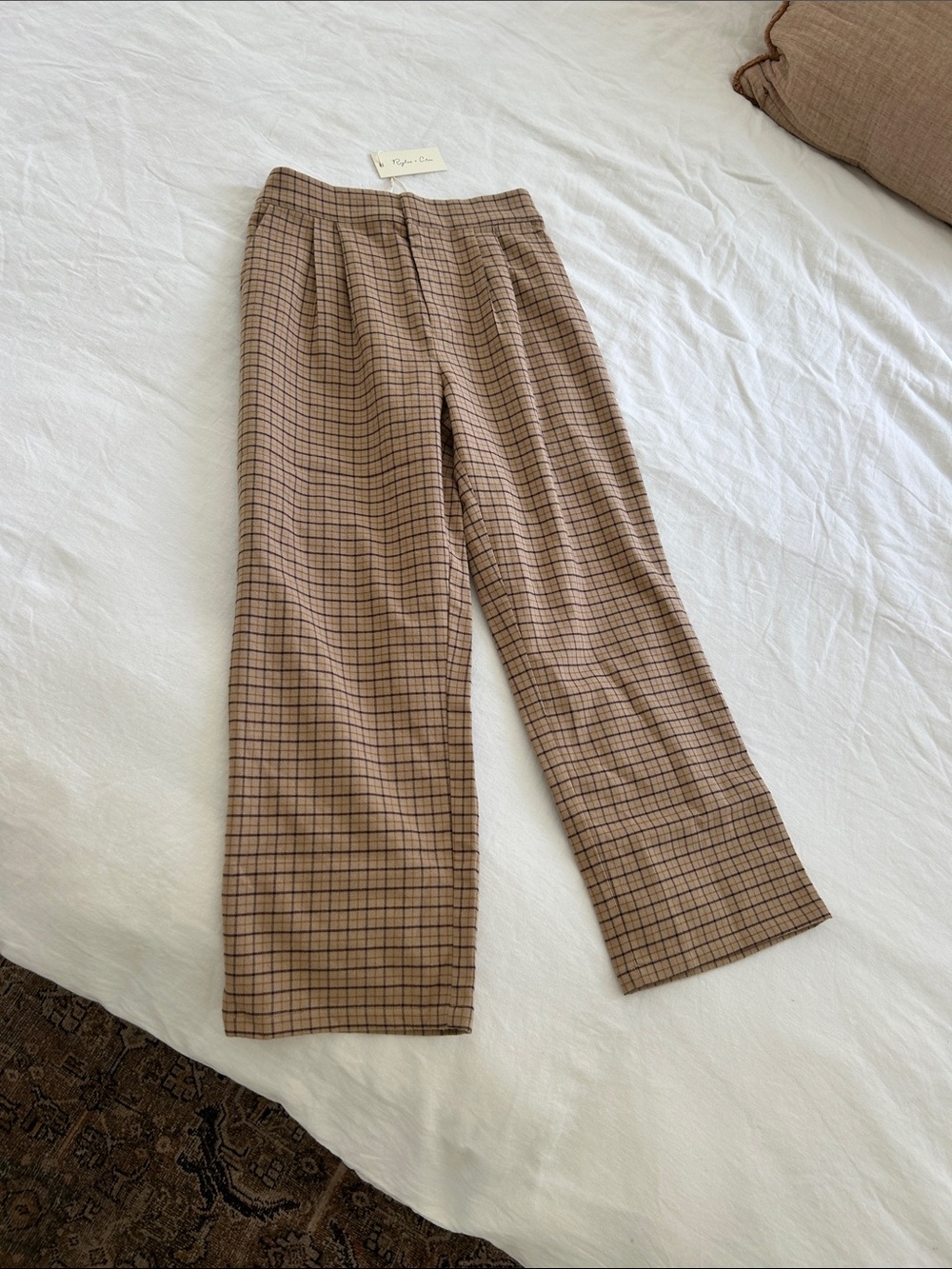 Rylee + Cru Tan and Brown Plaid Trousers